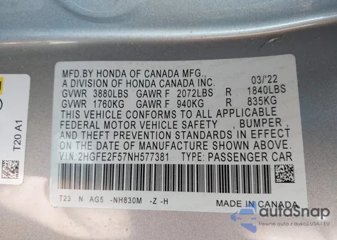 2022 Honda Civic Sport z USA, uszkodzony, nr VIN 2HGFE2F57NH577381